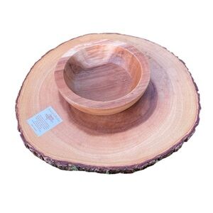 ACACIA COLLECTION Handcrafted Wood Slice Raw Edge Serving Tray Attached Bowl